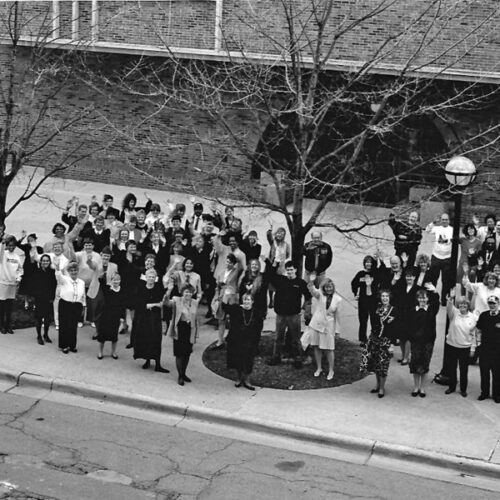 a group of people outside Fleming Bldg.
